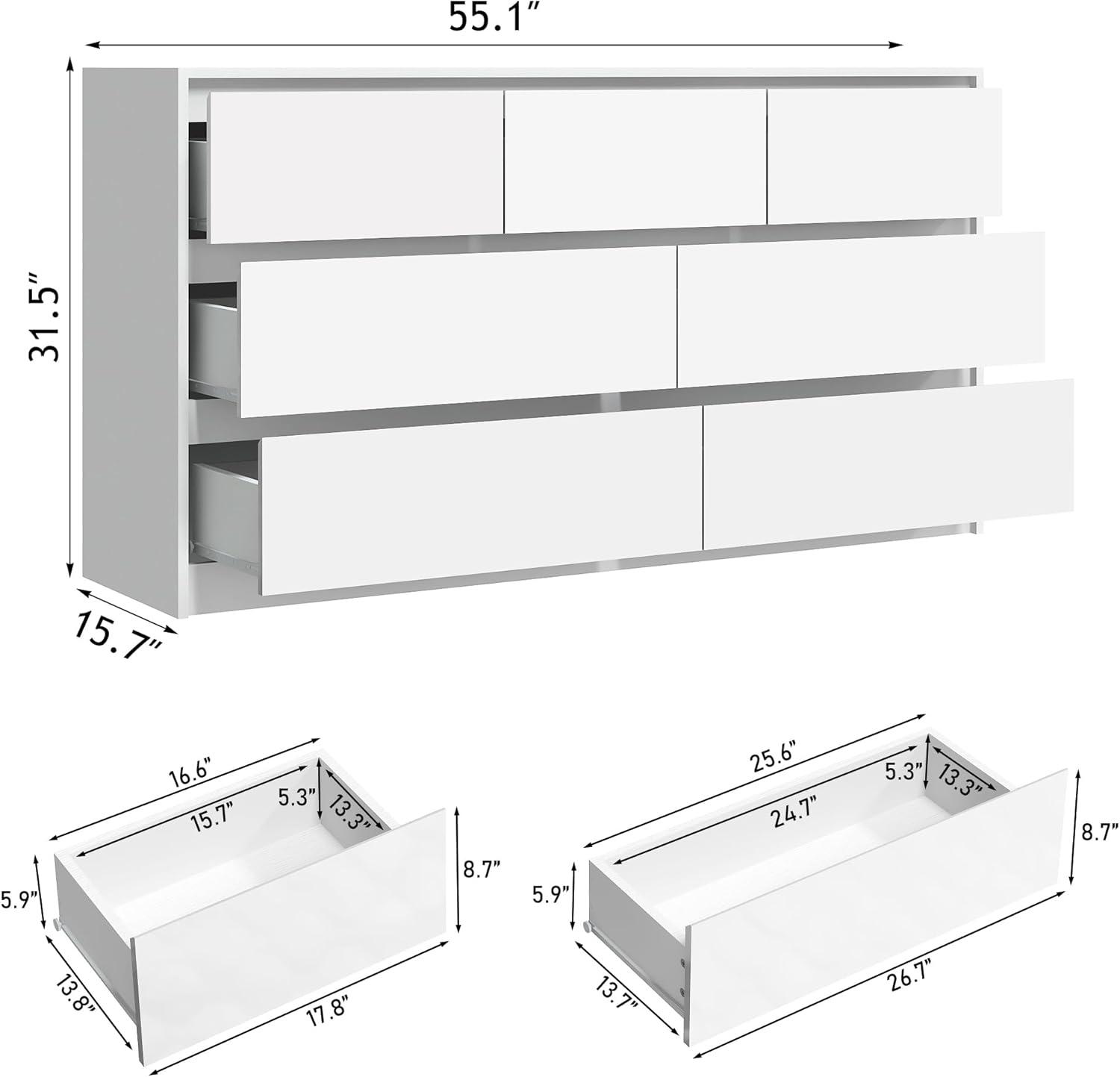 Ebern Designs White Dresser for Bedroom with 7 Drawers, Modern High Gloss Large Dresser with 7 Handle Free Drawers, 55 Inch Wooden Long Dresser, Storage Chest of Drawers