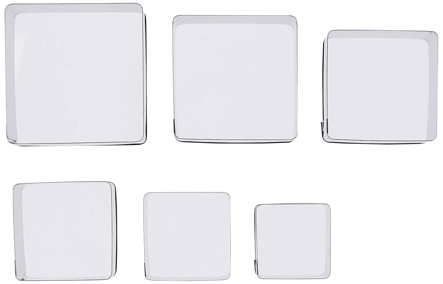 Plain Edge Square Cutters in Graduated Sizes, Stainless Steel, 6 Pc Set Silver Plain Edge