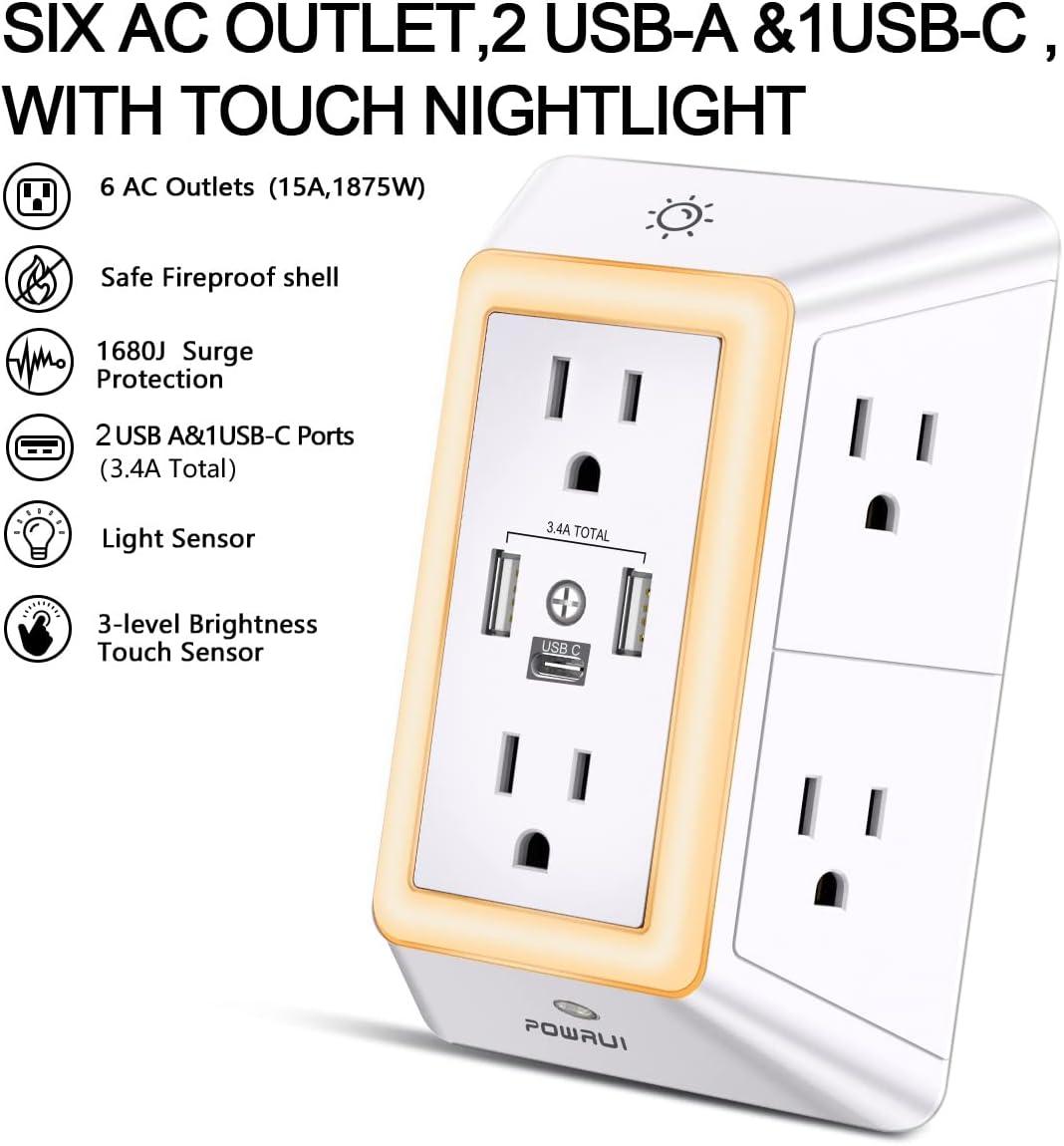 Multi Plug Outlet Surge Protector - POWRUI 6 Outlet Extender with 3 USB Ports (1 USB C) and Night Light, 3-Sided Power Strip with Adapter Spaced Outlets - White，ETL Listed