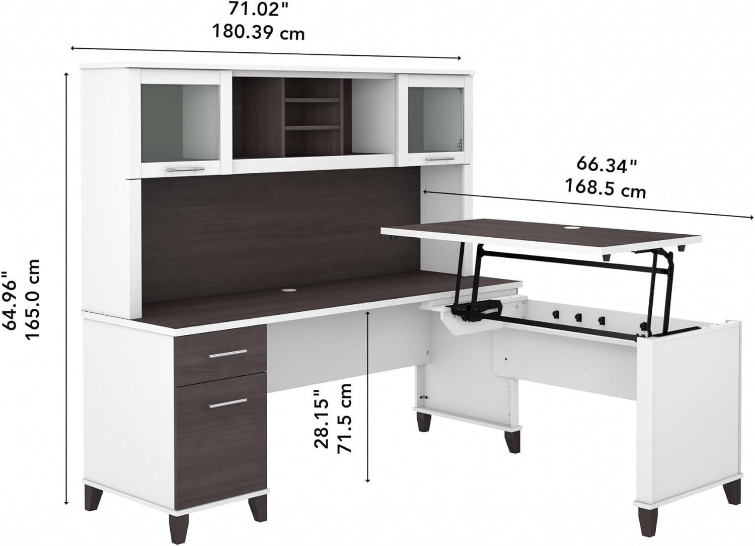 Bush Furniture Somerset 72" Sit to Stand L Desk & Hutch, Storm Gray & White