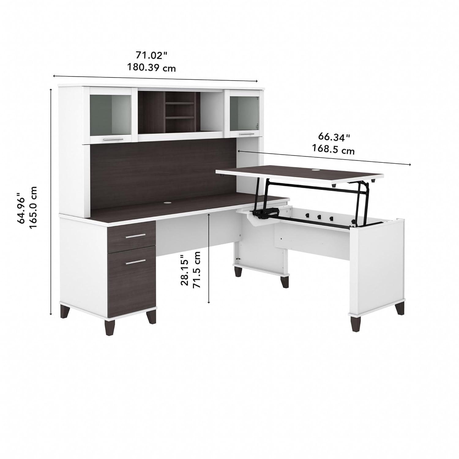 Bush Furniture Somerset 72" Sit to Stand L Desk & Hutch, Storm Gray & White