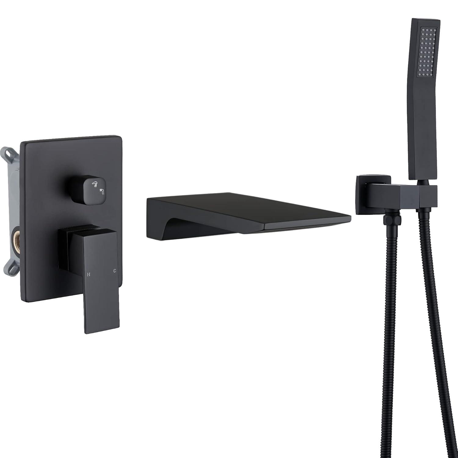 Airuida Wall Mount Tub Faucet with Waterfall Tub Spout Wall Mounted Bathtub Faucet with Handheld Shower Single Handle Tub Filler Shower Faucet Set with Rough-in valve Straight Spout Matte Black