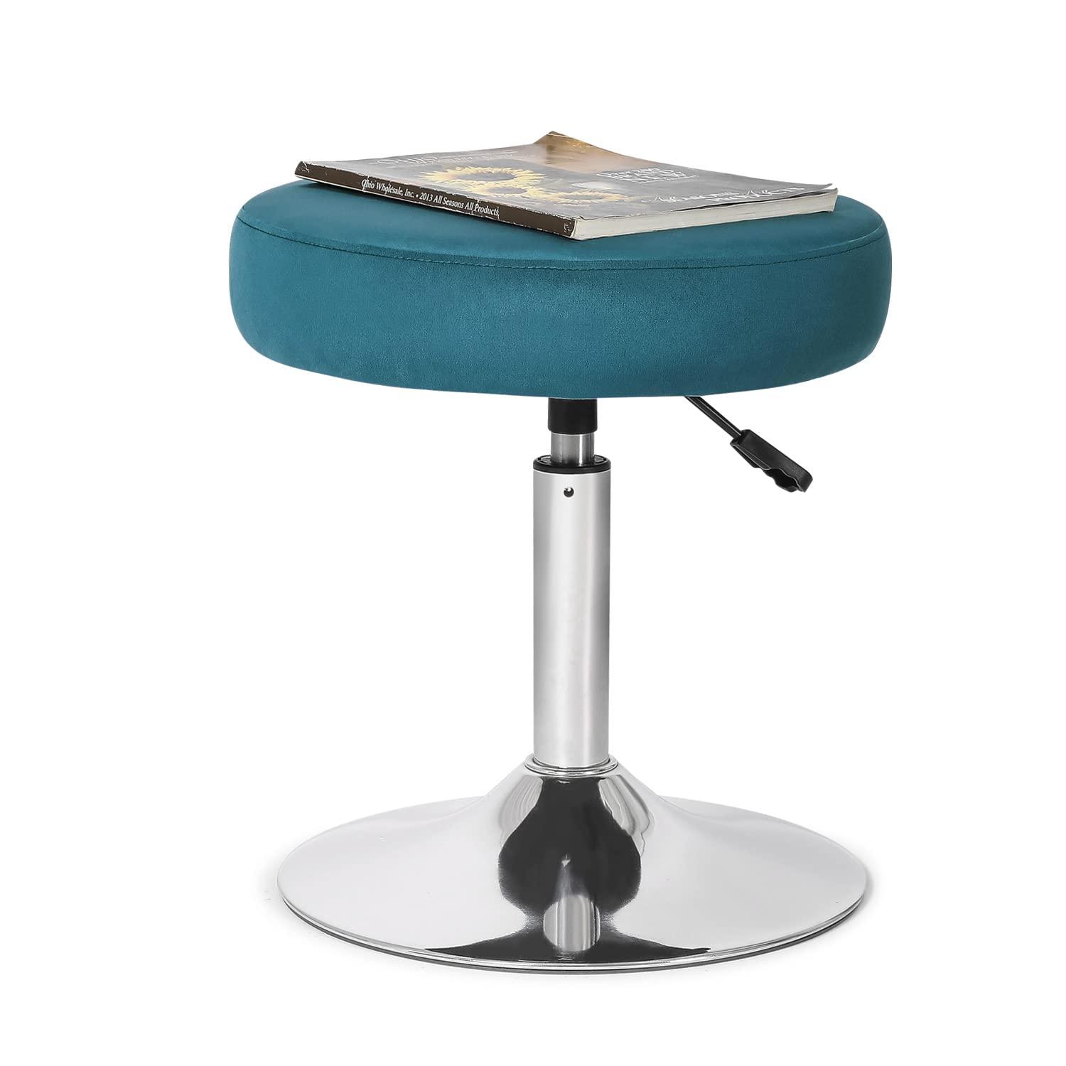 Adeco  Adjustable Velvet Round Ottoman Swivel Vanity Stool Makeup Chair Teal