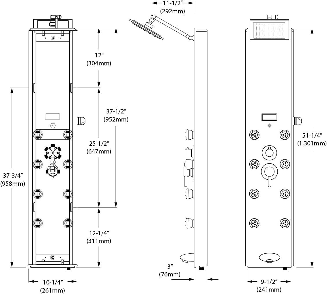 Blue and Black Aluminum 52" Shower Panel with Rainfall Head and Massage Jets