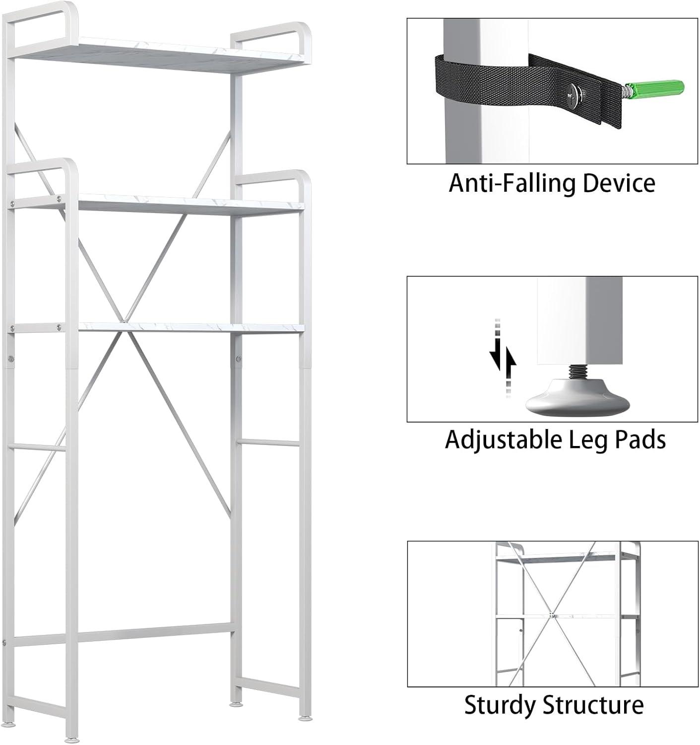 White Marble 3-Tier Over-the-Toilet Storage Rack with Hooks