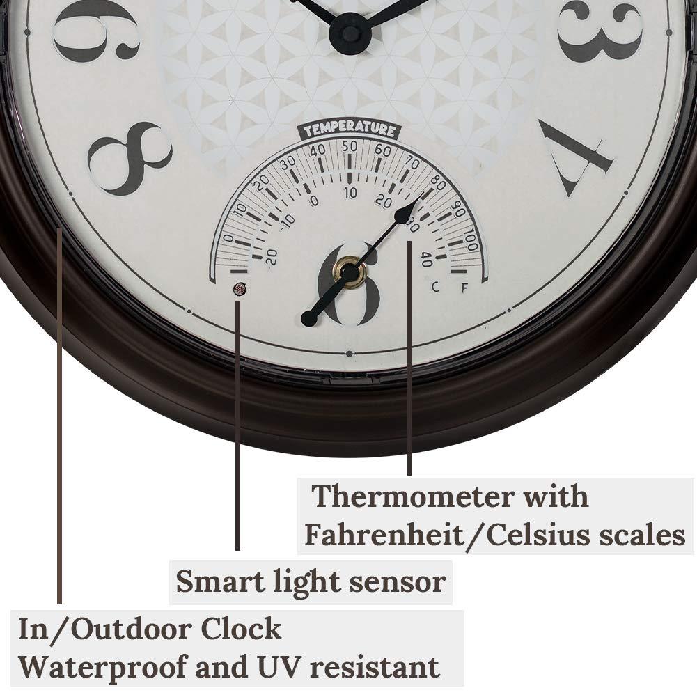 Presentime & Co. 14" in/Outdoor Luminous Wall Clock with Thermometer, Weather Thermometer, Night Light with Smart Sensor - Oil Rubbed Bronze Finish, Outdoor Lights & Decoration.