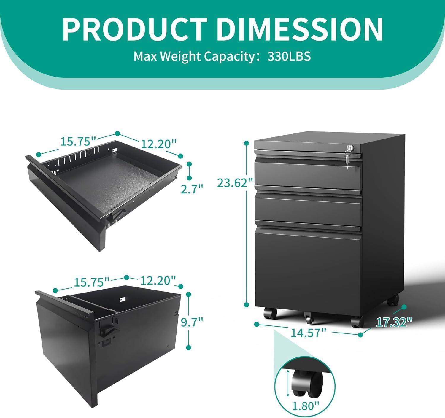 MIIIKO File Cabinet 3 Drawers on Wheels Under Desk, Black Metal Rolling File Cabinets with Lock for Home Office, Un-Assembled Filing Cabinet with Lock