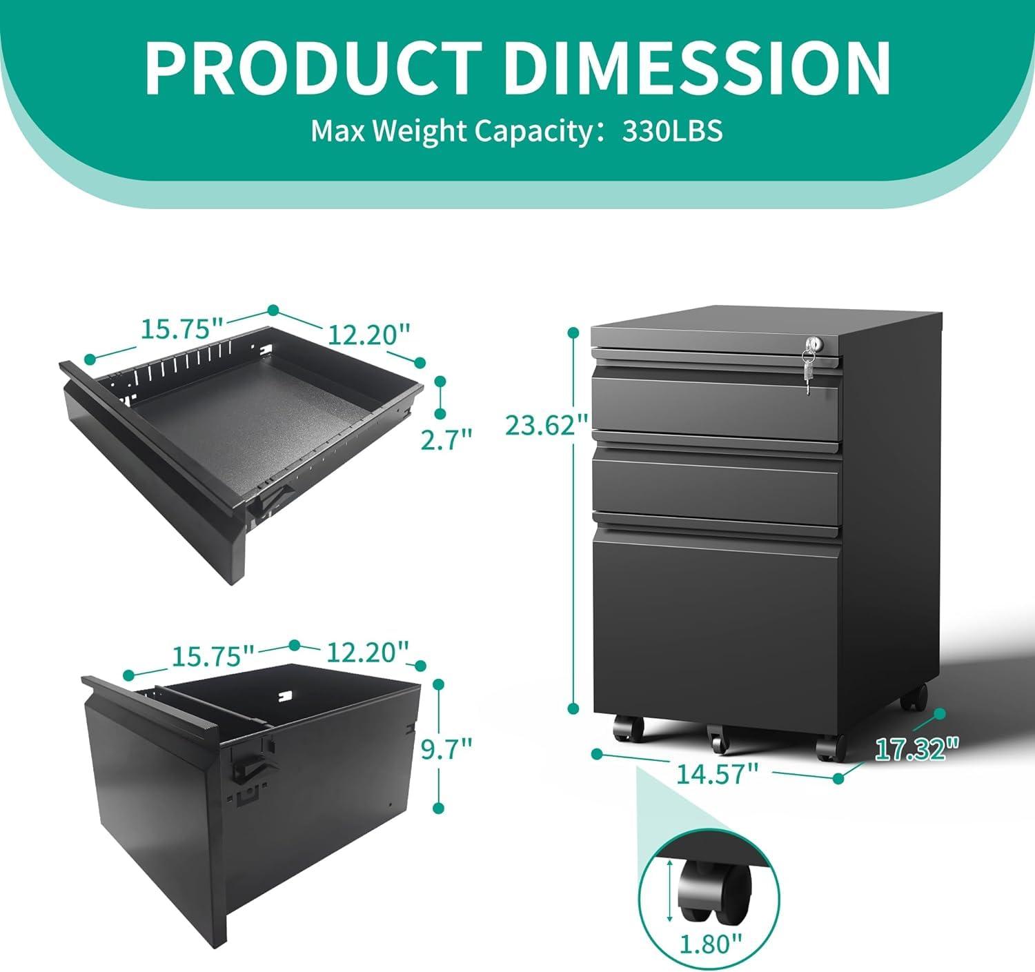 MIIIKO File Cabinet 3 Drawers on Wheels Under Desk, Black Metal Rolling File Cabinets with Lock for Home Office, Un-Assembled Filing Cabinet with Lock
