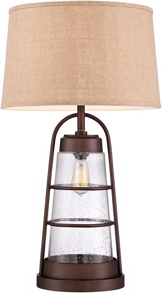Franklin Iron Works Rustic Farmhouse Table Lamp 31" Tall with Nightlight Bronze Clear Seeded Glass Burlap Shade for Bedroom Living Room House Bedside