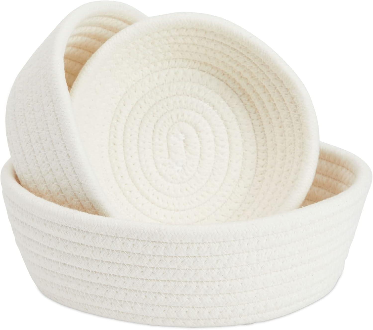 Juvale 3-Pack Small Round Cotton Rope Woven Storage Baskets - Nesting Bins for Organizing Home and Montessori Toys (White)