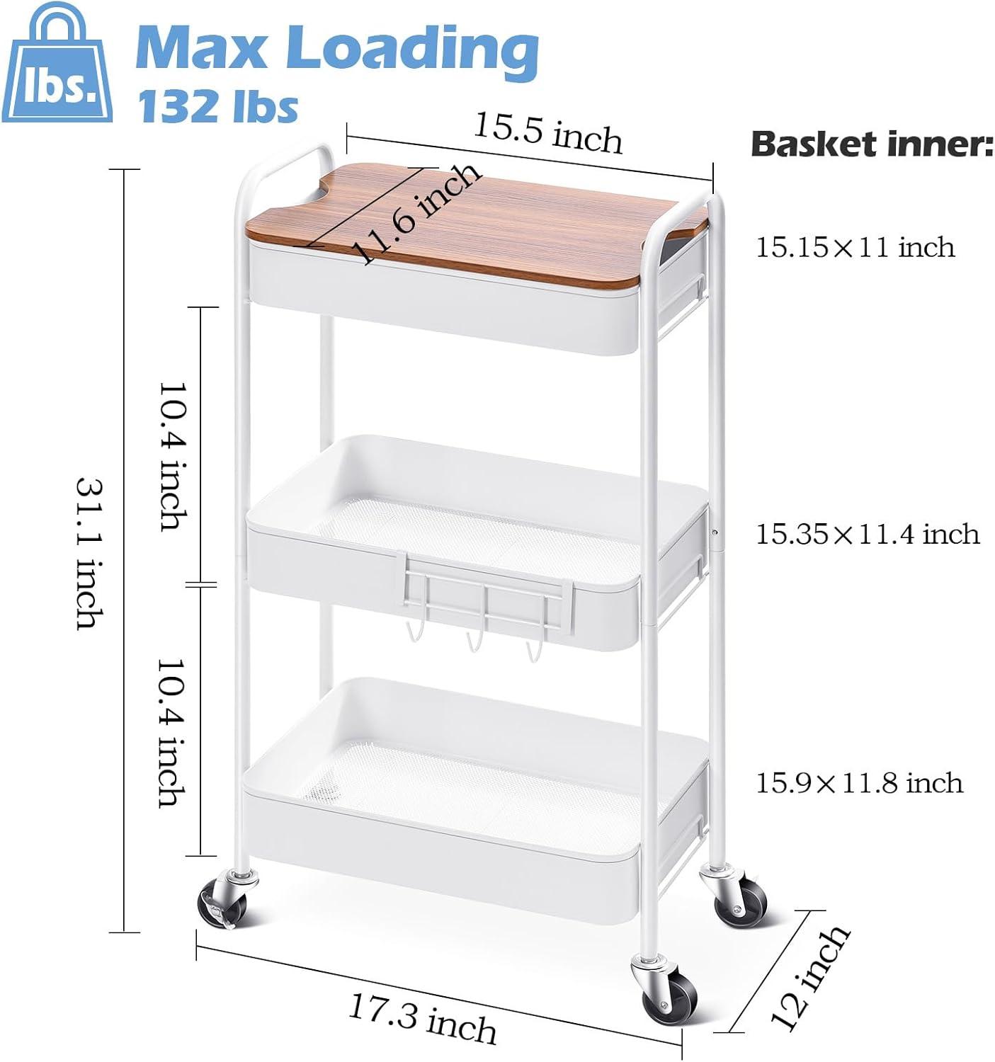 White 3-Tier Carbon Steel Rolling Utility Cart with Locking Wheels