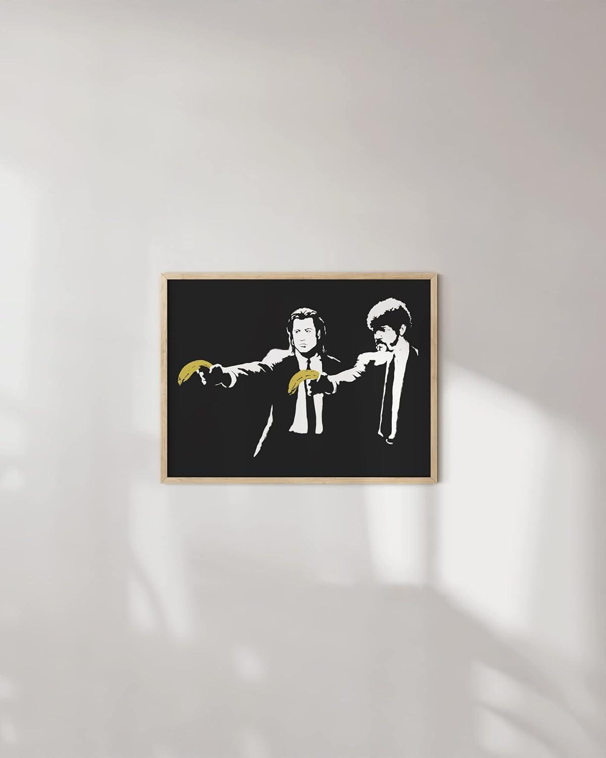 Banksy Wall Art Pulp Fiction - By Haus and Hues Street Art Wall Pulp Fiction Poster Pop Art Banksy Prints Wall Art Graffiti Banksy Wall Poster Graffiti Art Wall Decor Pop Art (Beige Framed 12x16)