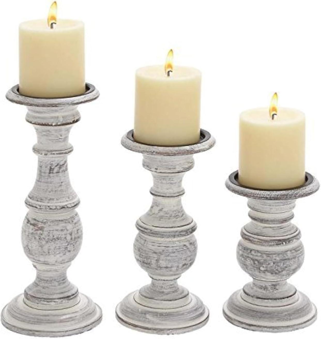 Set of 3 Rustic Pillar Candle Holder White - Olivia & May: Elegant Mango Wood, Sturdy Base, Indoor Use