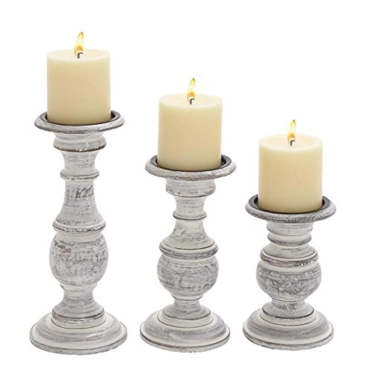 Set of 3 Rustic Pillar Candle Holder White - Olivia & May: Elegant Mango Wood, Sturdy Base, Indoor Use
