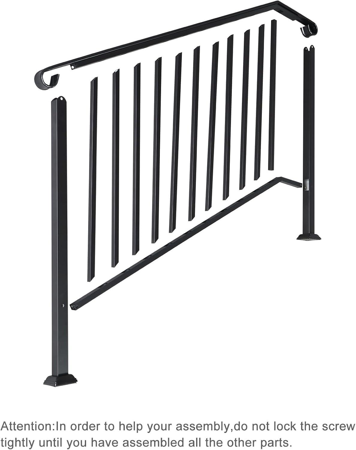 HLL Handrails for Outdoor Steps, Black Wrought Iron Handrail Fits 4 or 5 Steps, Transitional Handrail with Installation Kit, Stair Railing for Concrete Steps or Wooden Stairs