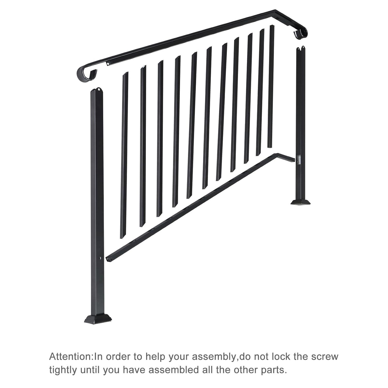 HLL Handrails for Outdoor Steps, Black Wrought Iron Handrail Fits 4 or 5 Steps, Transitional Handrail with Installation Kit, Stair Railing for Concrete Steps or Wooden Stairs