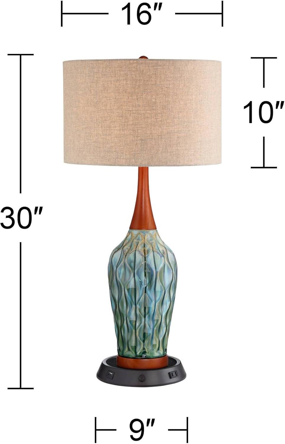 360 Lighting Rocco Modern Mid Century Table Lamp 30" Tall Blue Teal Ceramic with Dimmable USB Workstation Base Linen Drum Shade for Living Room Home