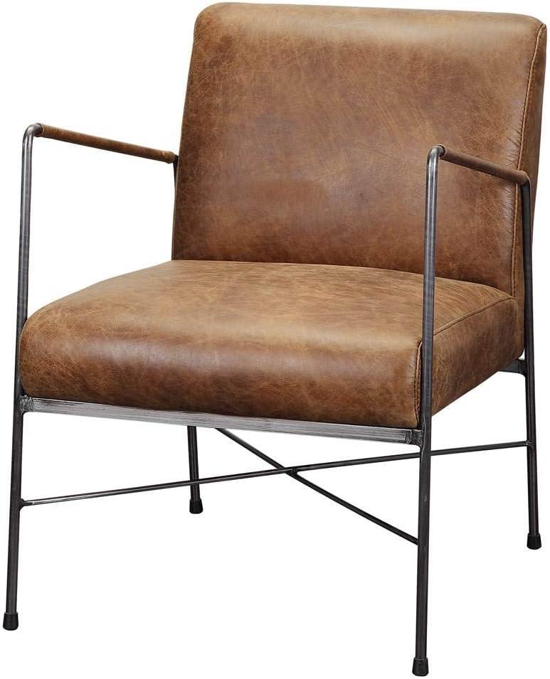 Transitional Dagwood Brown Leather Armchair with Metal Frame