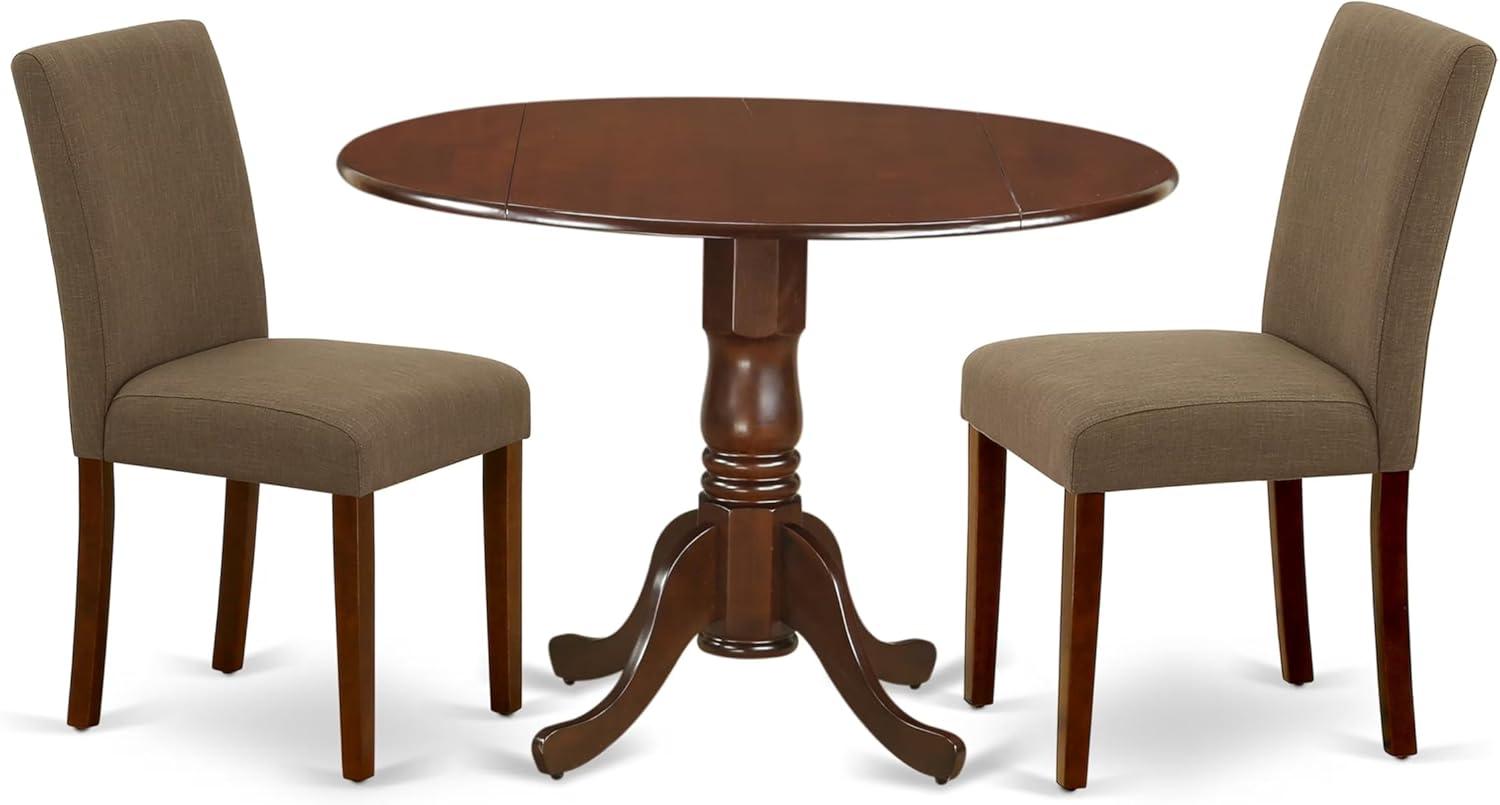 Mahogany Round Dining Table Set with Coffee Linen Chairs