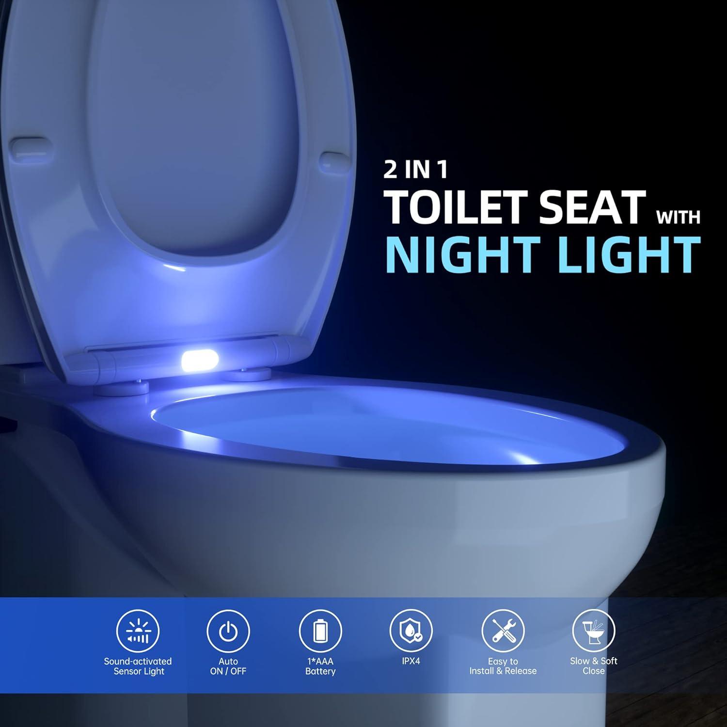 R&T Elongated Toilet Seat Soft Slow Close with Built-in Night Light White Plastic