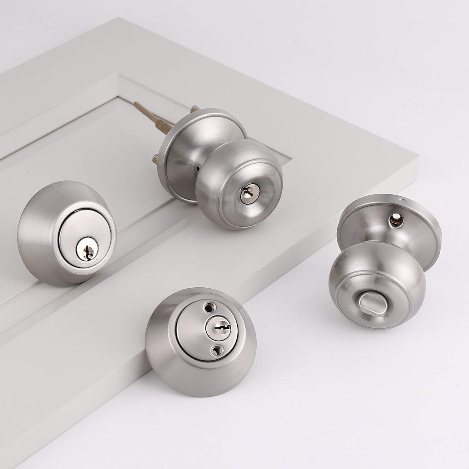 Brushed Nickel Round Stainless Steel Entry Knob and Deadbolt Set