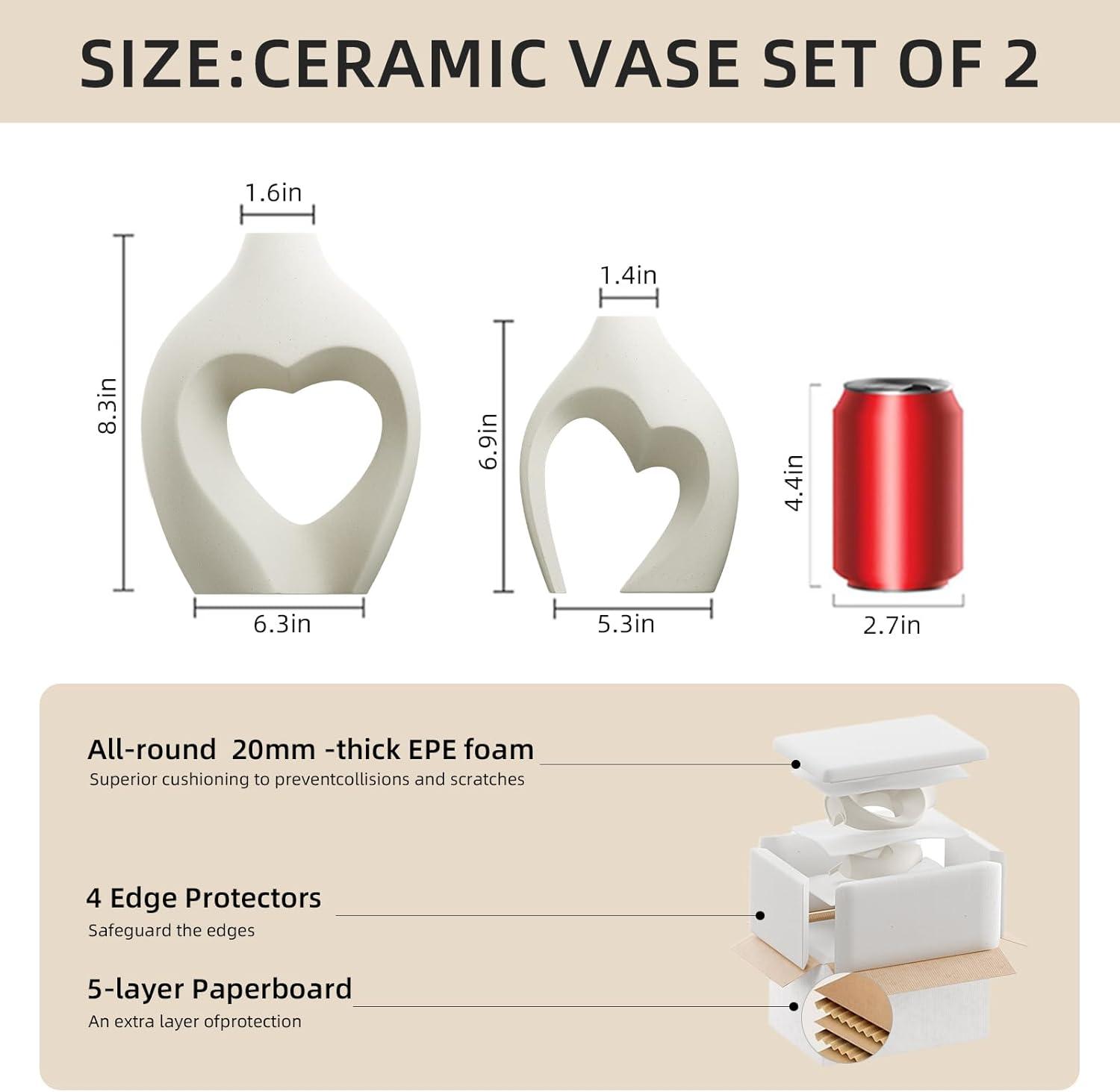 Ivy Bronx White Vases For Decor, Heart Shaped Ceramic Vase Set Of 2, Nordic Heart Shaped Vases, Minimalist Decorative Vase For Table Centerpiece Wedding Dining Living Room Office House Decoration