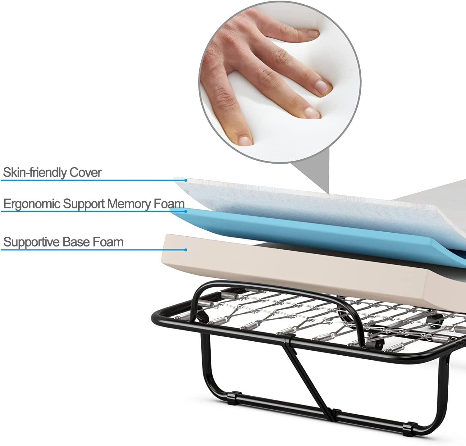 Hysache Rollaway Folding Bed with 4" Memory Foam Mattress, Portable Foldable Guest Bed for Spare Room & Office, 4 Casters, Metal Frame, Portable & Lightweight Compact Rolling Cot, 75" x 31"