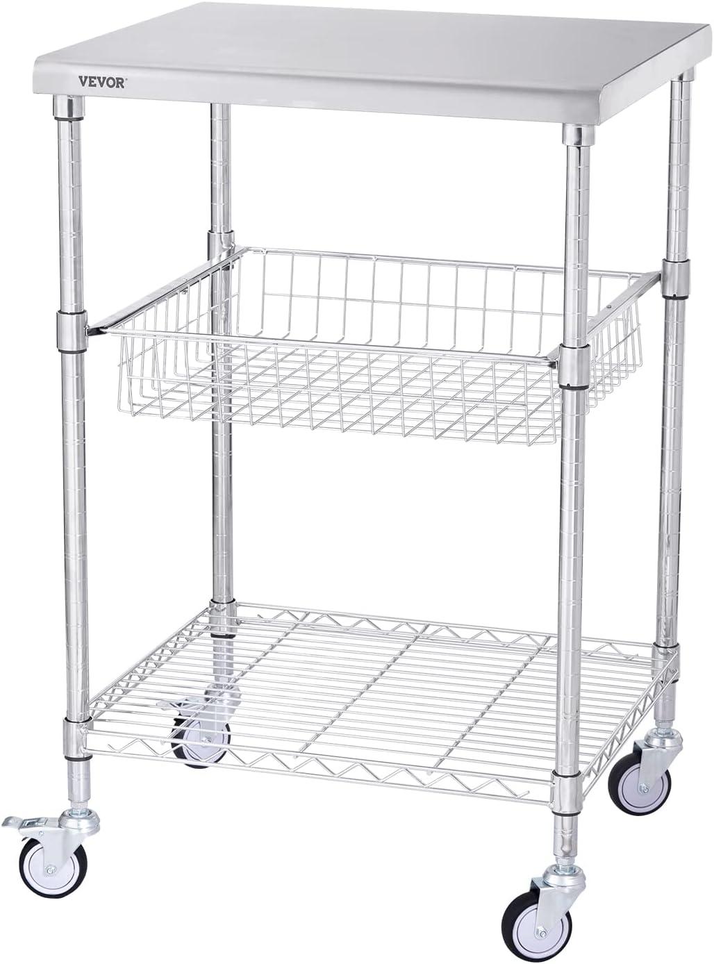 SKYSHALO 3-Tier Utility Cart Rolling Cart on Wheels 470 lbs 24"x20"x36.6" 6 Hooks