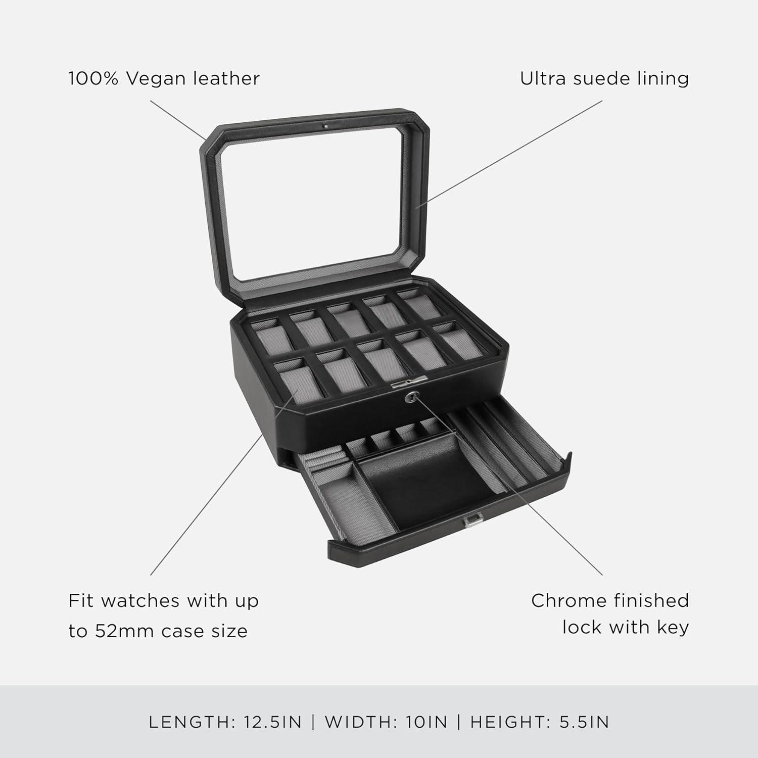 Wolf 4586029 Windsor 10 Piece Watch Box with Drawer in Black & Grey MSRP $369