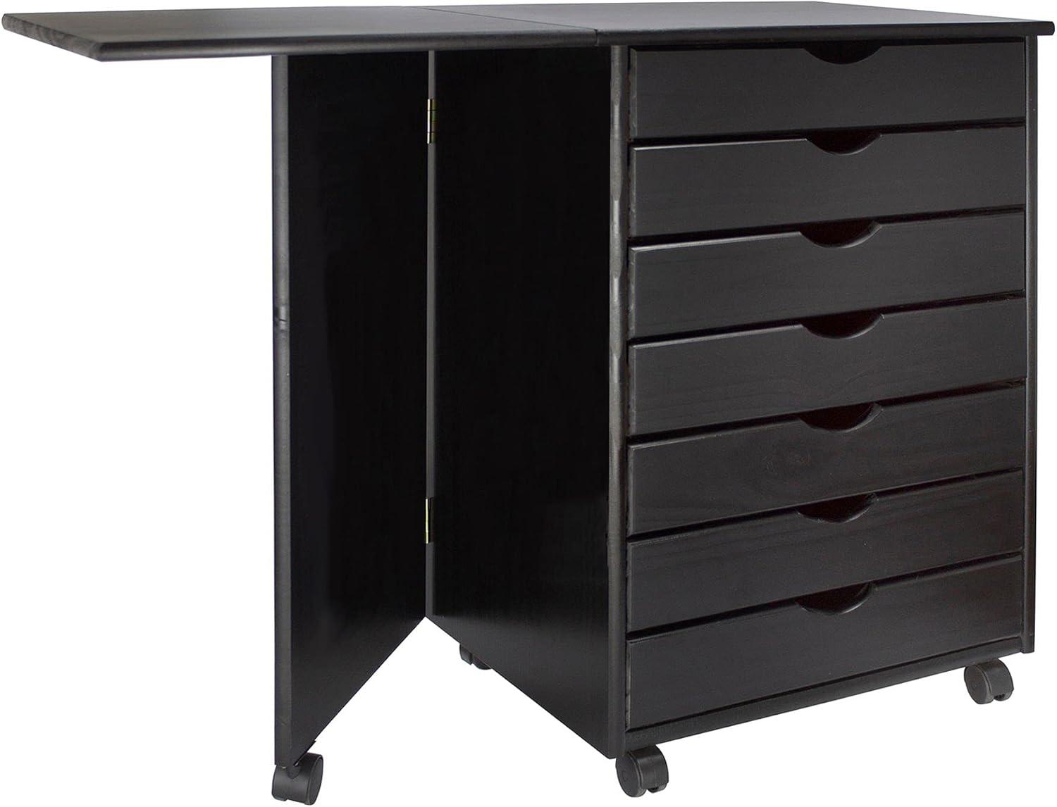 Solid Wood   7 Drawer Gate Leg Roll Cart Desk - Black