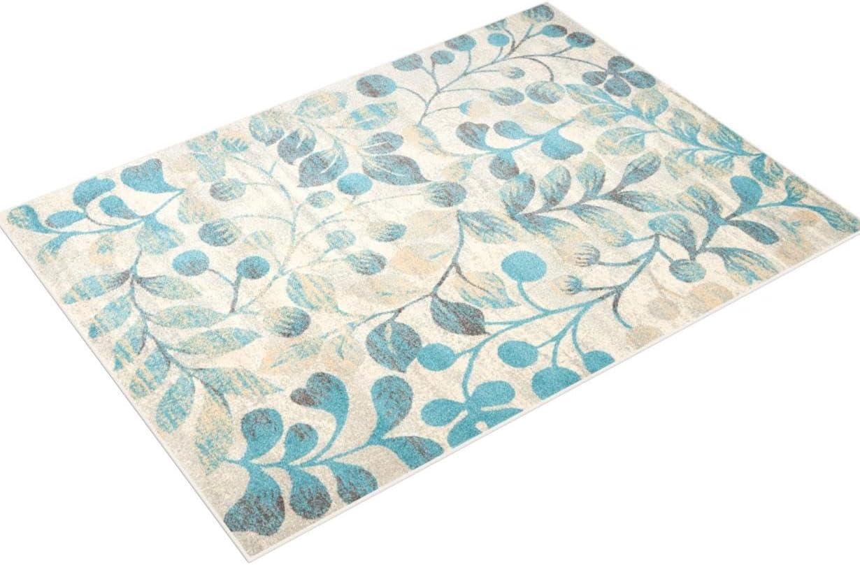 Nourison Tranquil 5'3" X 7'3" (5' x 7') Ivory/Turquoise Area Rug Contemporary Botanical Vine and Bloom by Nourison