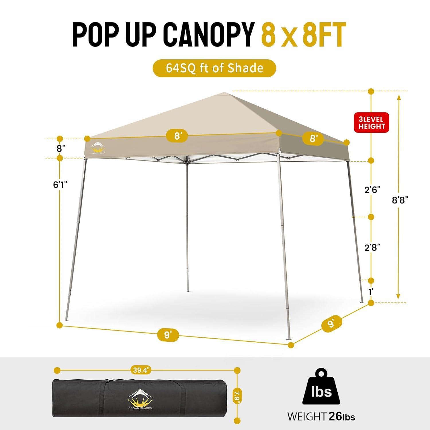CROWN SHADES 6.5x6.5 Pop up Canopy Tent, Slant Leg Pop Up Beach Tent, 3 Height, Base 8x8 ft, Top 6.5x6.5 ft, Outdoor Canopy with Carry Bag, Beige