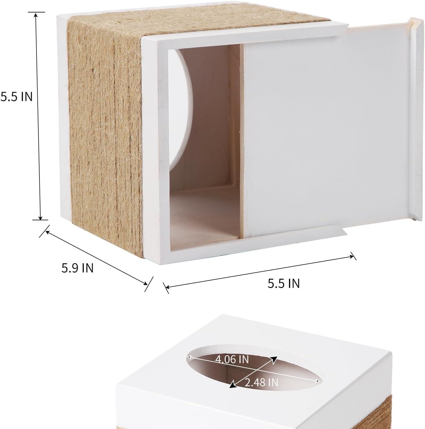 Tissue Box Cover, Wood Tissue Box Cover Square, Farmhouse Tissue Box Holder Covers Your Tissues, Decorative Tissue Cube Box Cover with Slide-Out Bottom (White)