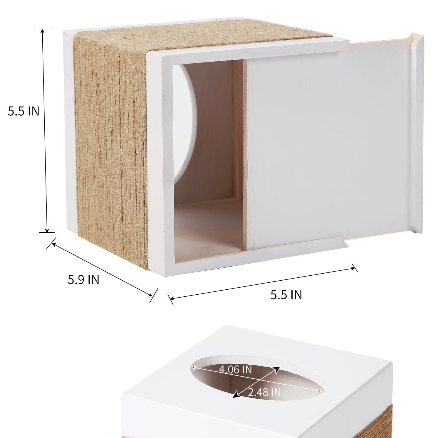 Tissue Box Cover, Wood Tissue Box Cover Square, Farmhouse Tissue Box Holder Covers Your Tissues, Decorative Tissue Cube Box Cover with Slide-Out Bottom (White)