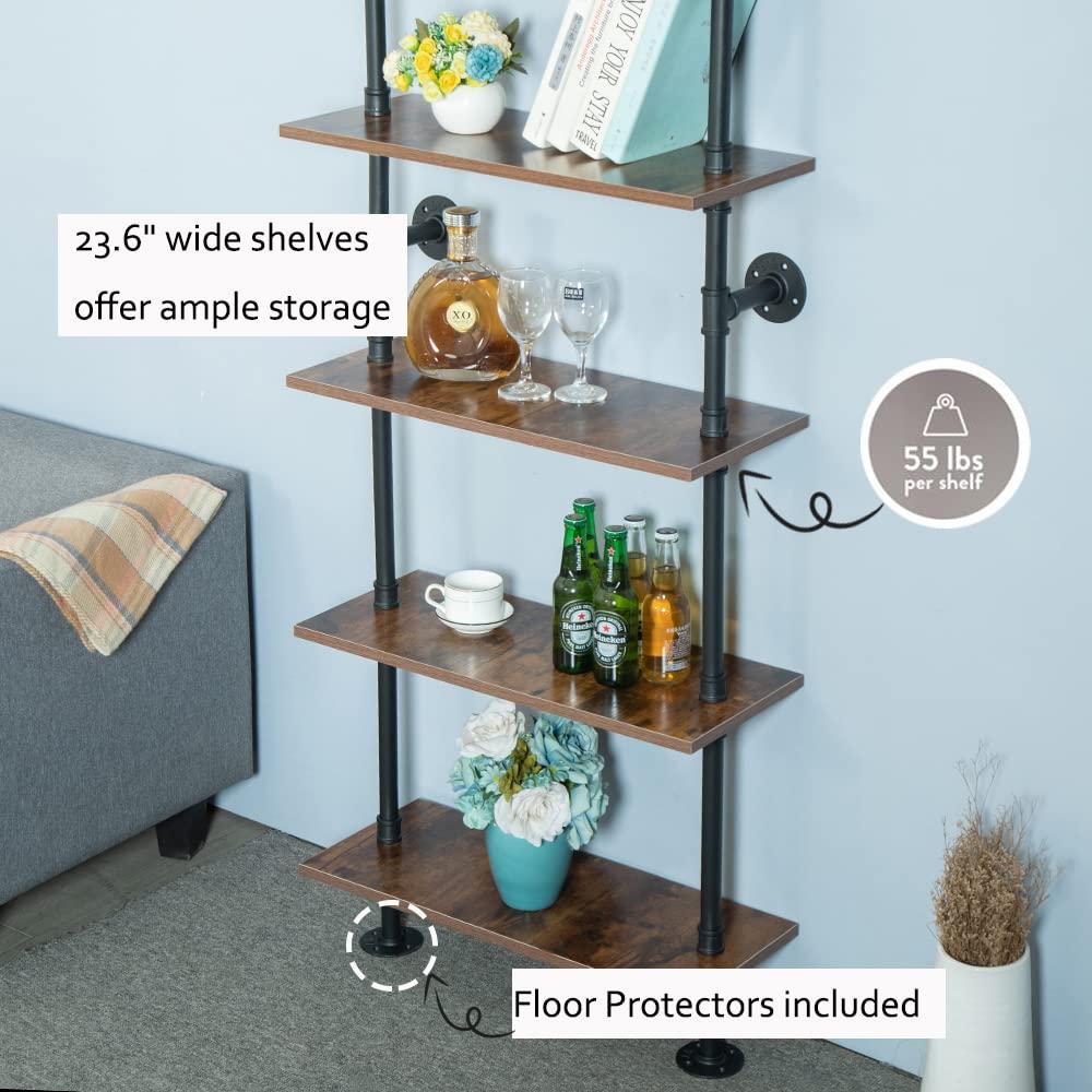 5 Shelf Industrial Pipe Shelving, Black Modern Bookcase Bookshelf, Wall Mount Ladder Shelf with Metal Frame Display Selves