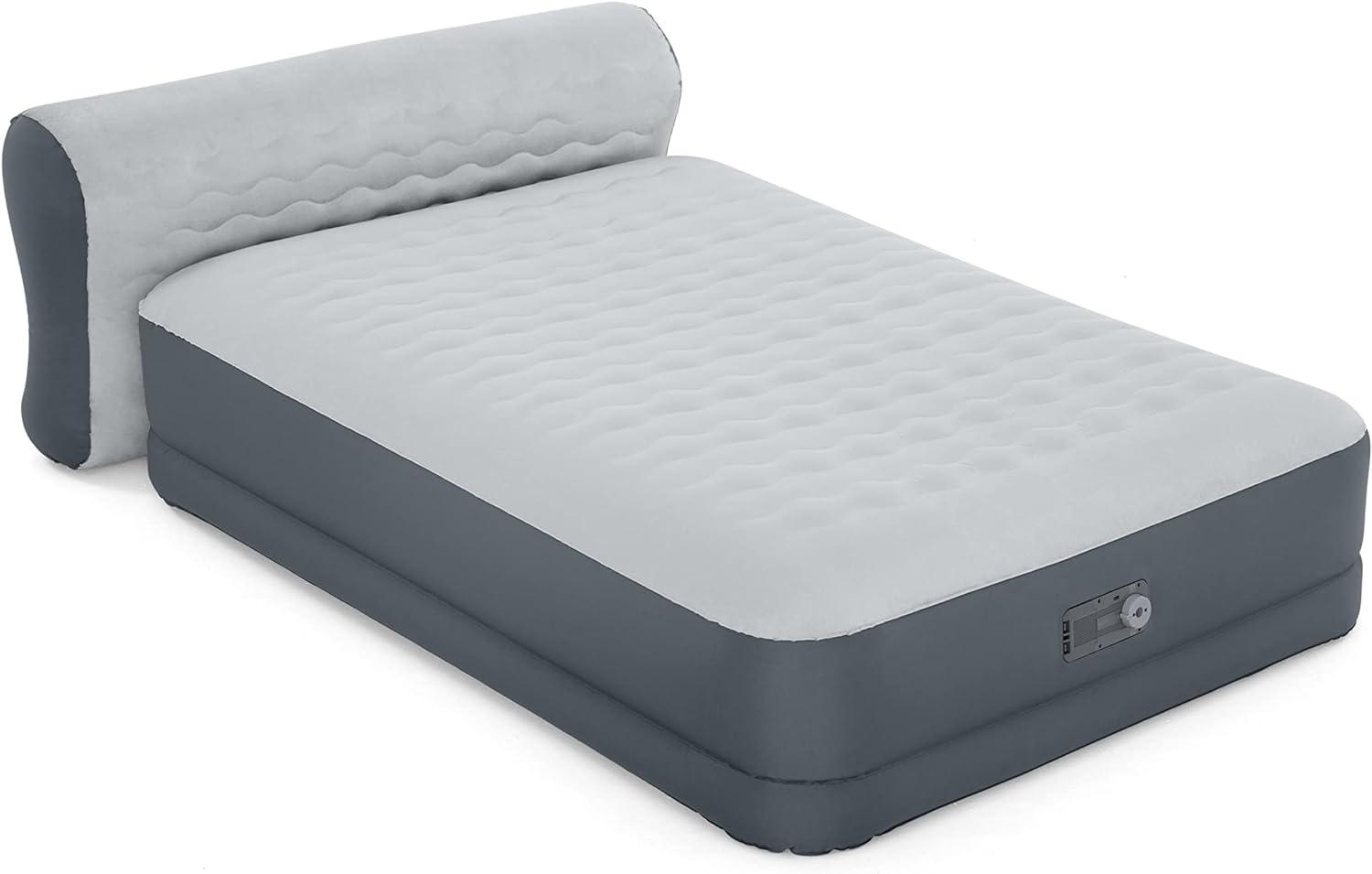 Queen Gray Raised Air Mattress with Built-in Pump and Headboard