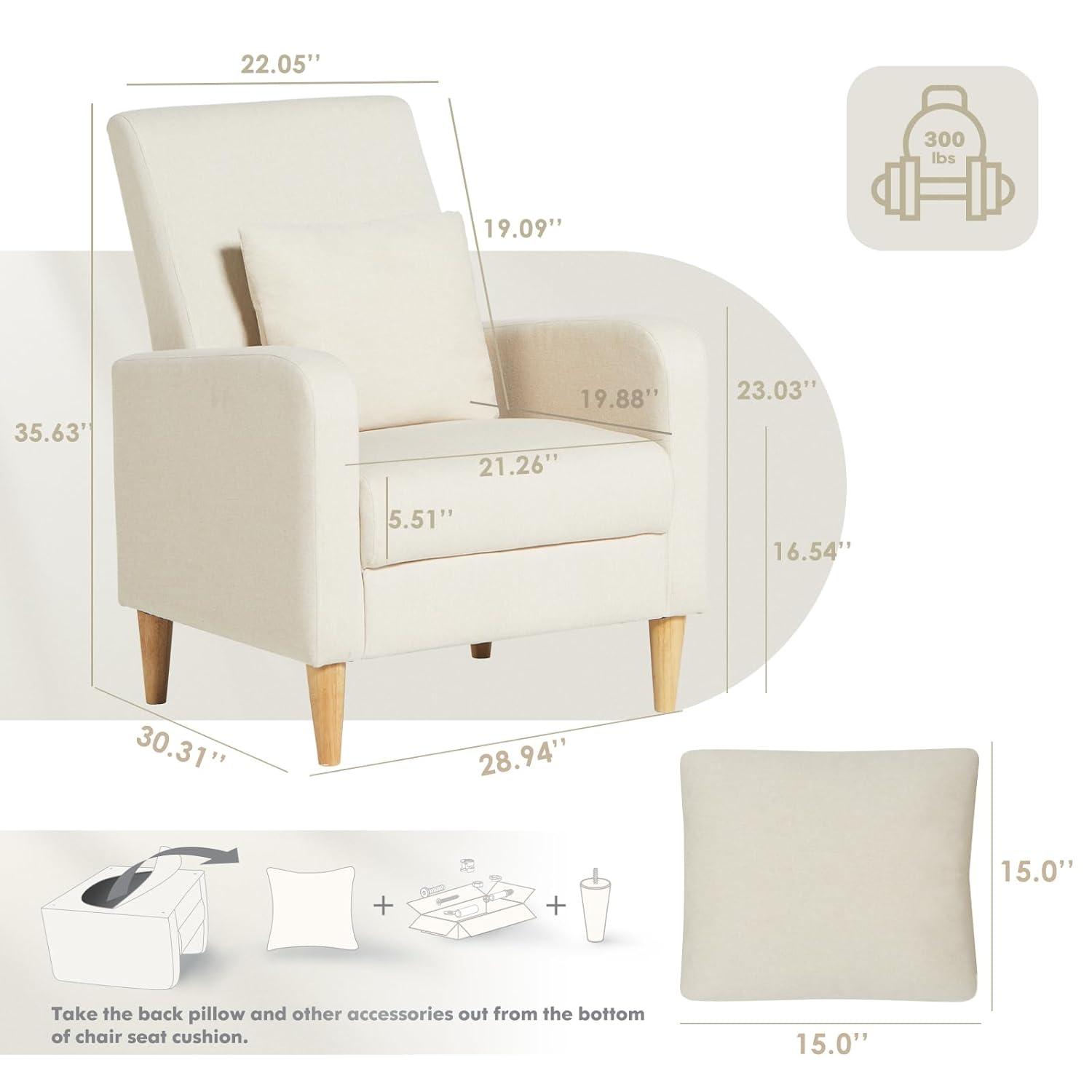 Hokku Designs Modern Upholstered Accent Chair Armchair with Pillow, Fabric Reading Living Room Side Chair,Single Sofa with Lounge Seat and Wood Legs,