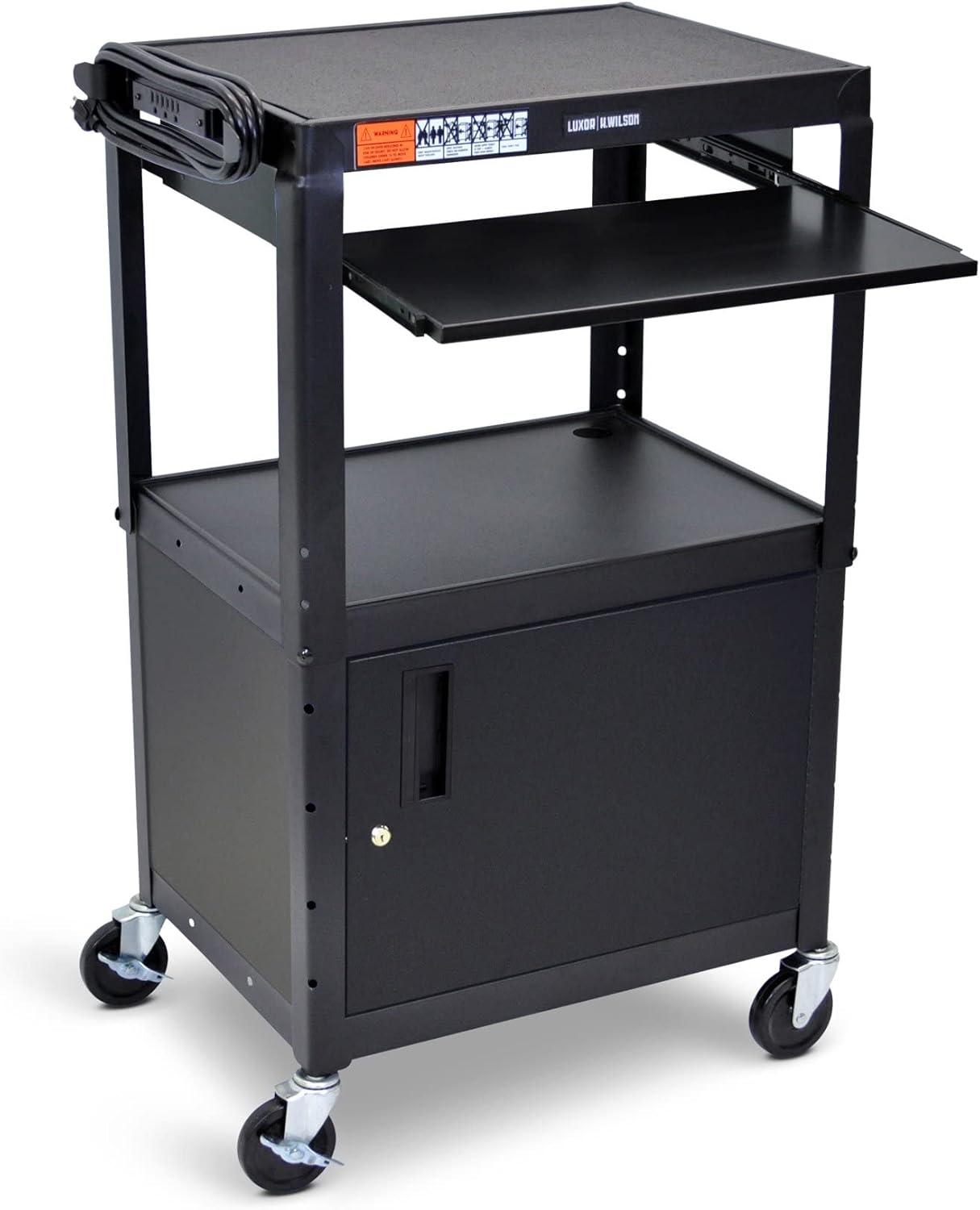 Black Adjustable Height AV Cart with Locking Cabinet and Keyboard Tray