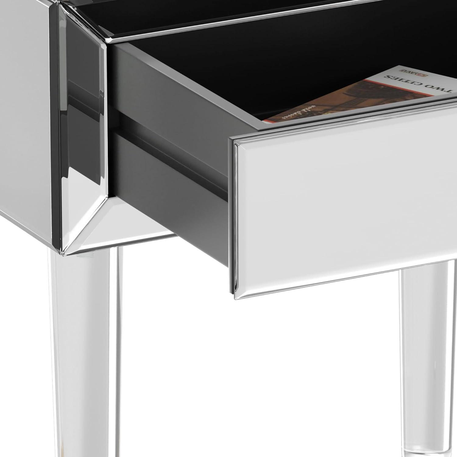 Mirrored Nightstand, Modern End Table with Drawer, Bedside Tables with Acrylic Legs for Bedroom, Living Room, Silver