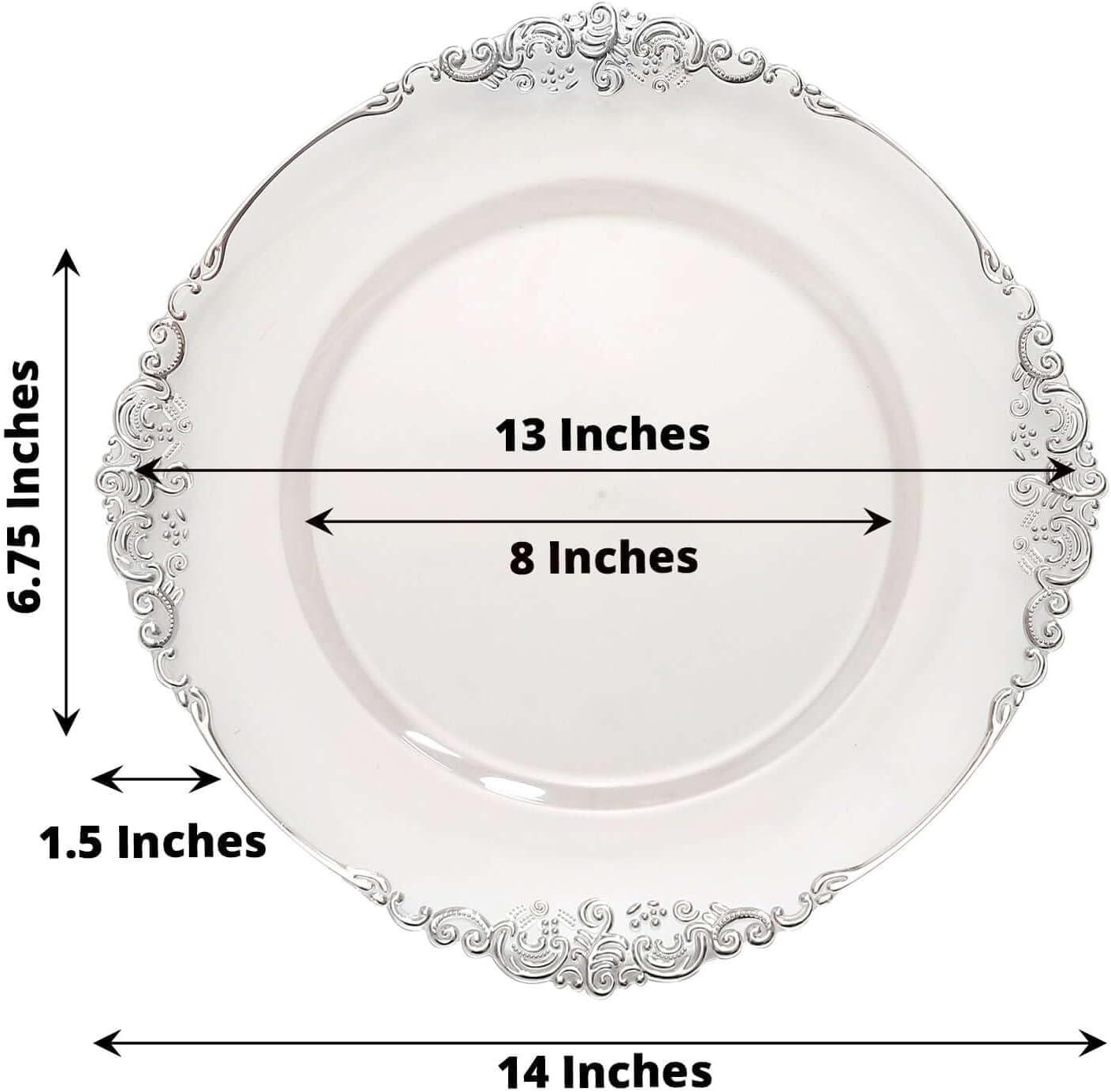 Efavormart 6 Pack Clear Silver 13" Round Baroque Charger Plates Leaf Embossed Rim for Tabletop Decor Catering Event Decoration
