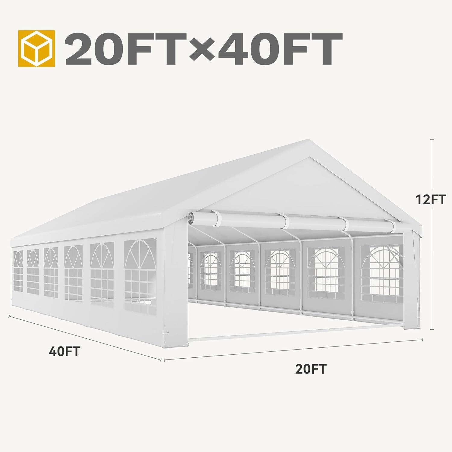 Dextrus 16x32FT Party Tent Heavy Duty PVC Wedding Event Shelters White Upgraded Galvanized Ripple Canopy with Large Roof Removable Sidewalls & 3 Storage Bags 600D Oxford Commercial