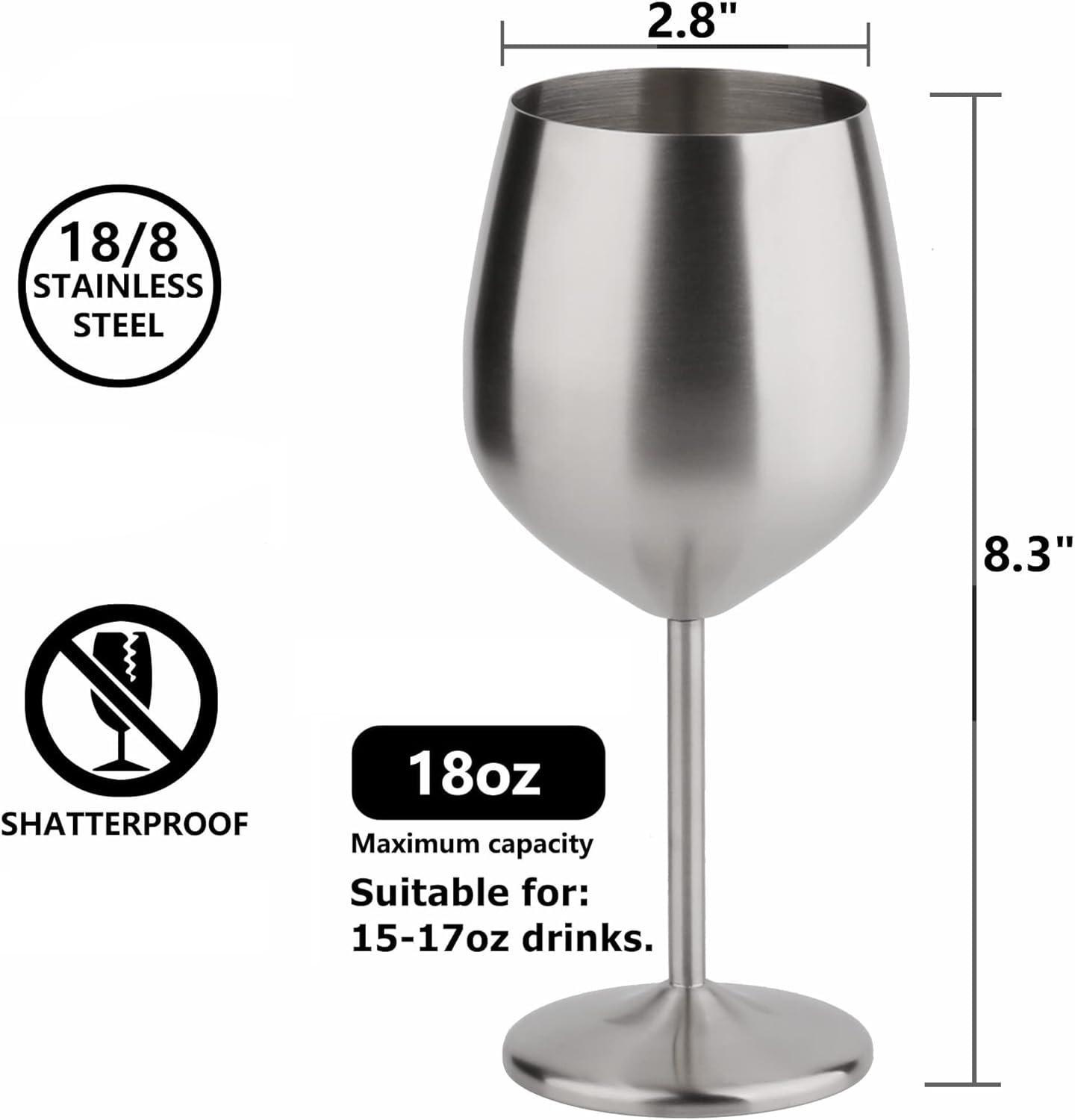 Stainless Steel Wine Glass 18oz - Set of 4 Matte Silver - 3.6" D x 8.3" H, Large (851005)
