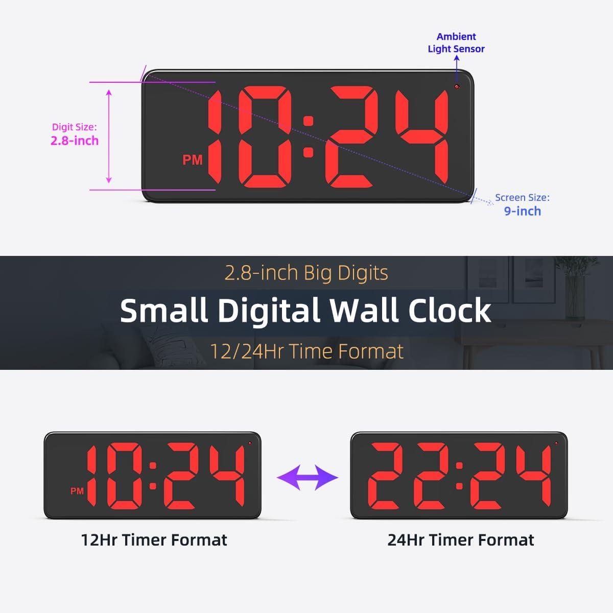 Rectangular Black LED Digital Wall Clock with Auto-Dimming