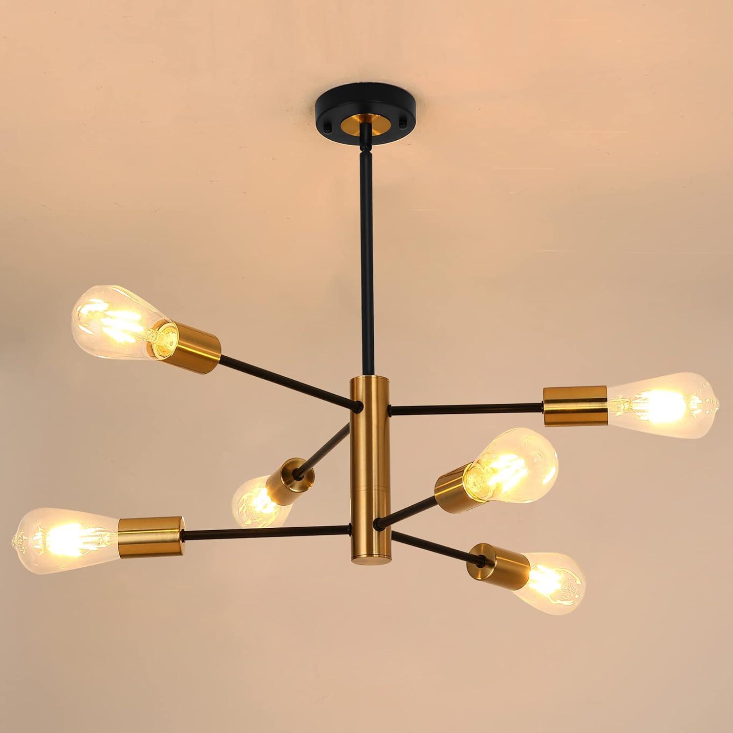 Black and Gold Modern Sputnik Chandelier Ceiling Light Fixtures, 6-Lights Mid Century Industrial Metal Semi Flush Mount Lamp for Bedroom Dining Room Living Room Kitchen Hallway Office