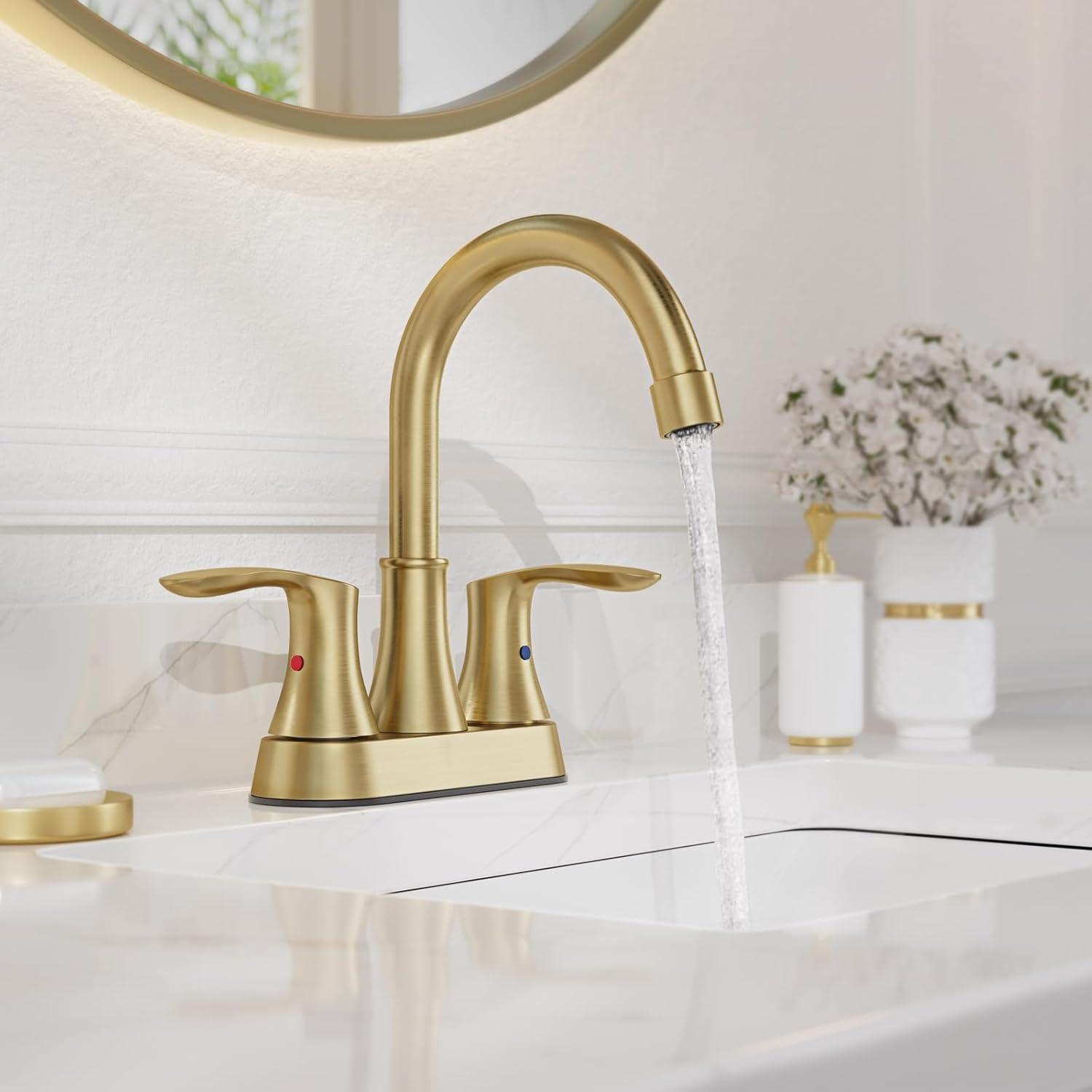 Phiestina 4 Inch 2 or 3 Hole Bathroom Sink Faucet Centerset Brushed Gold 2 Handle RV 360°Swivel Bath Vanity Faucet with Metal Pop Up Drain & Water Supply line, TY36-BG