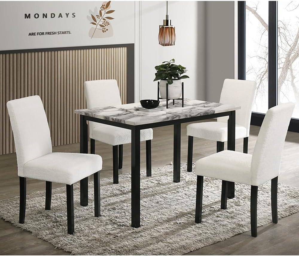 White Faux Marble Top Dining Set with Upholstered Chairs