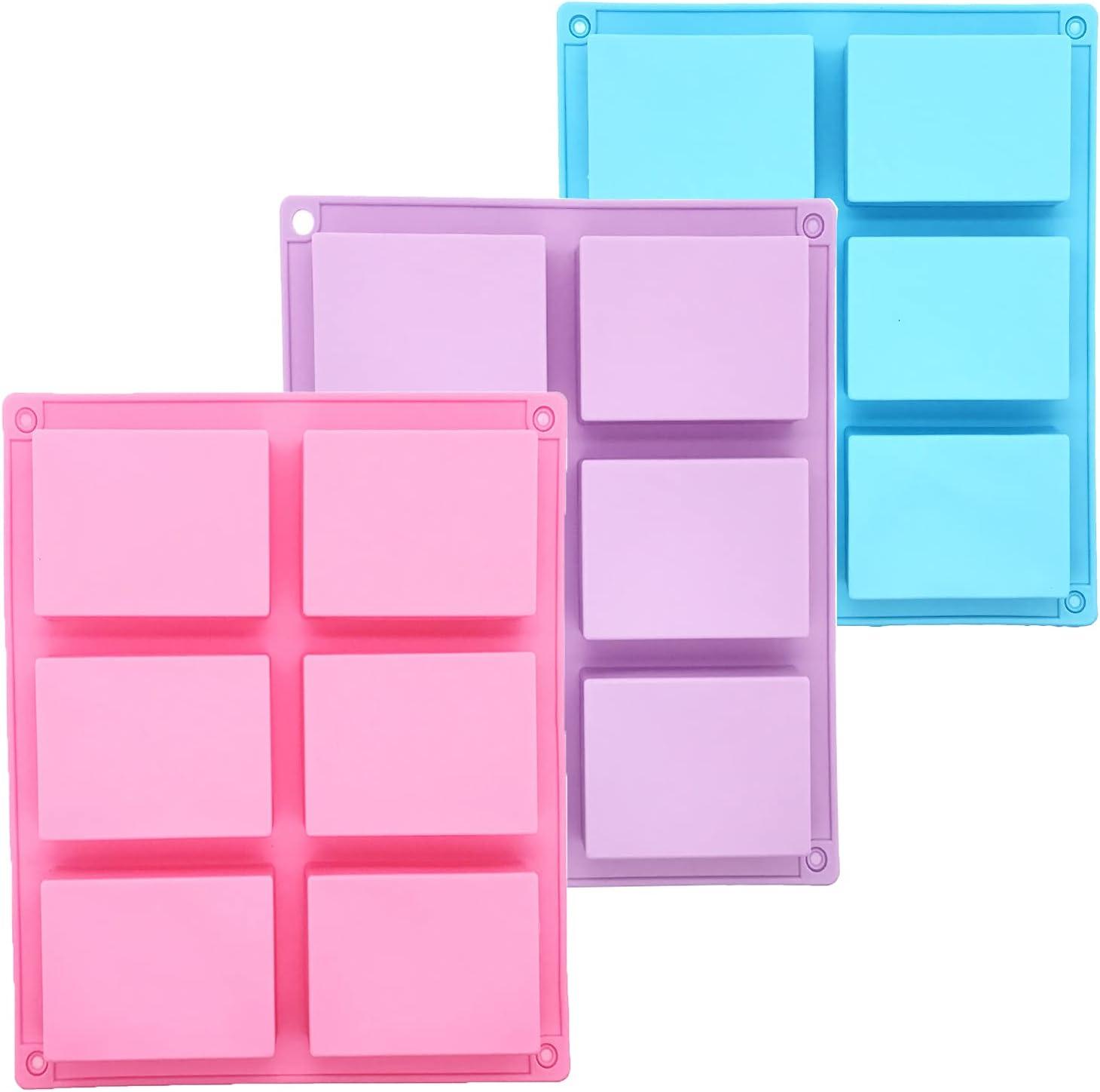 3 Pack Silicone Soap Molds, 6 Cavities Rectangle Silicone Soap Molds, Great for Homemade Craft Soap Mold, Chocolate Mold, Cake Mold ＆ Ice Cube Tray - Just Pop Out（Pink & Blue & Purple）