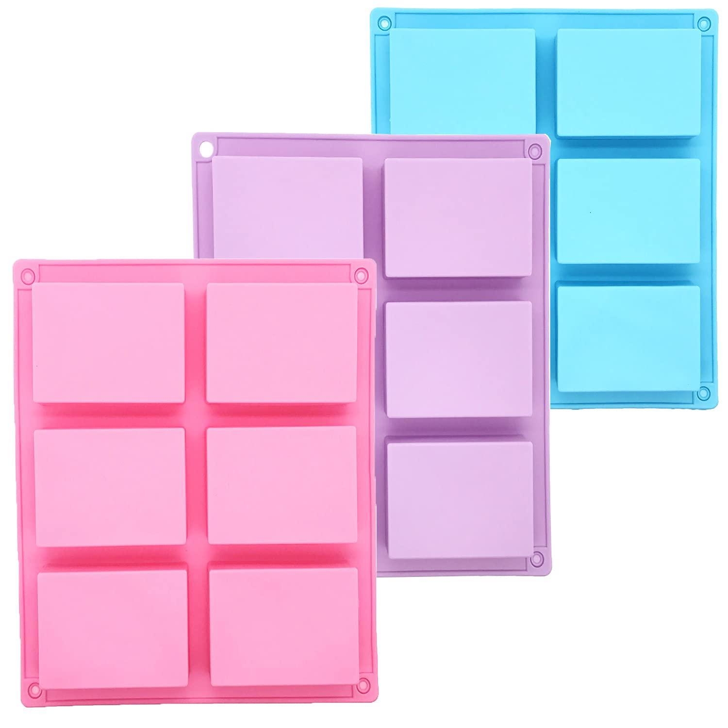 3 Pack Silicone Soap Molds, 6 Cavities Rectangle Silicone Soap Molds, Great for Homemade Craft Soap Mold, Chocolate Mold, Cake Mold & Ice Cube Tray - Just Pop Out(Pink & Blue & Purple)