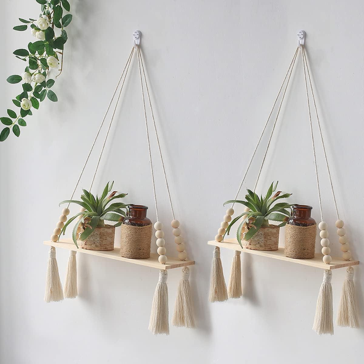 Boho Pine Wood Macrame Hanging Shelves with Tassels, Set of 2