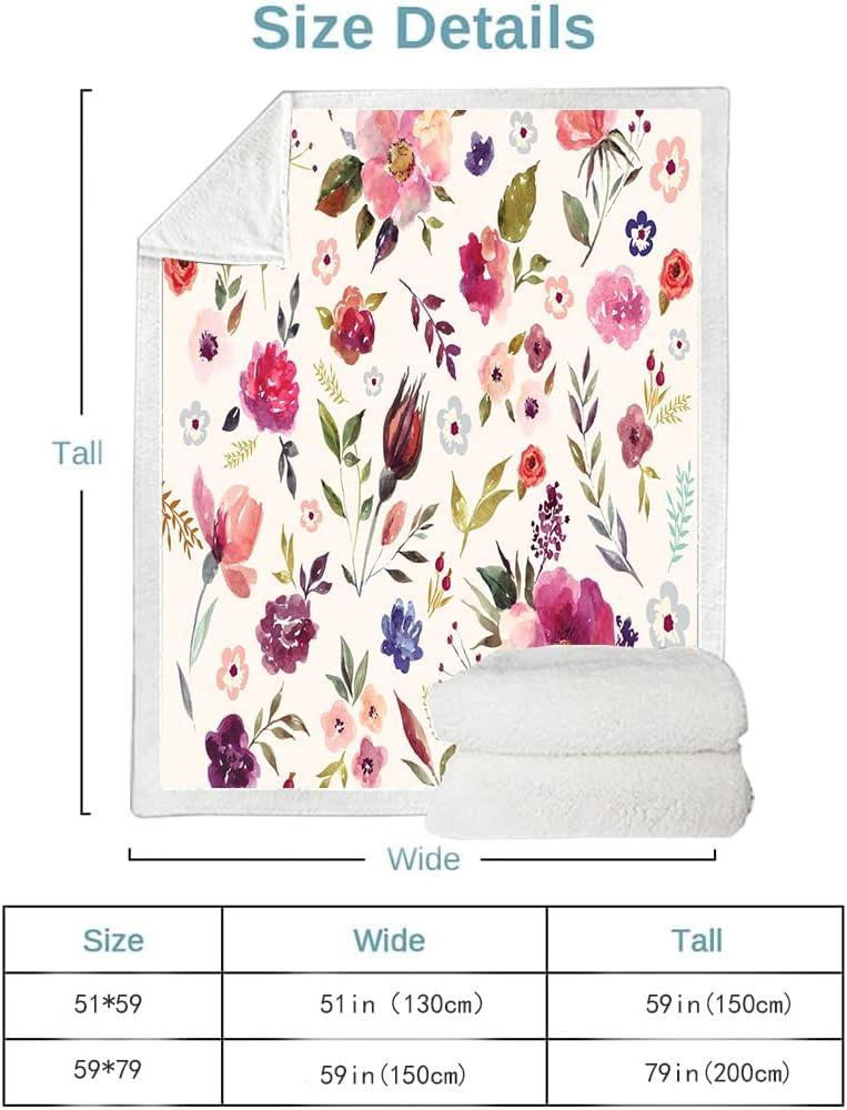 Floral Sherpa Fleece Throw Blanket with Watercolor Design